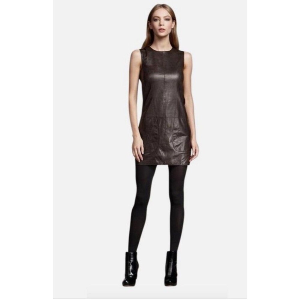 Vince Genuine Leather Dress Brown Sz 2 Shift Dress Pockets